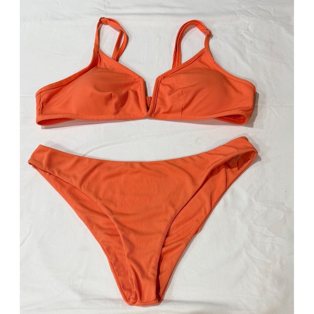 ZAFUL‎ Womens Orange Ribbed V-Wire Bikini Set High Cut Two Piece Swimsuit XL 10